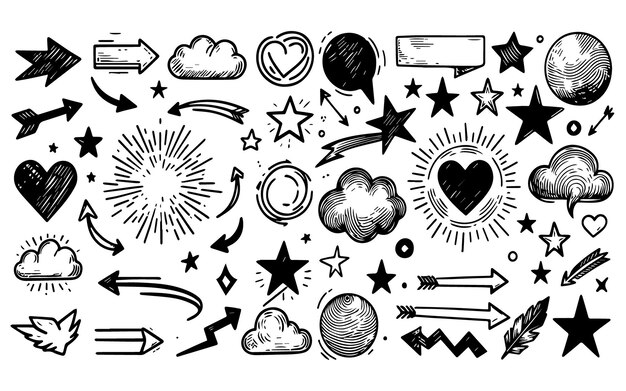 Sketch línea elemento flecha estrella forma de corazón dibujado a mano dibujado estilo de boceto círculo nube vector de habla