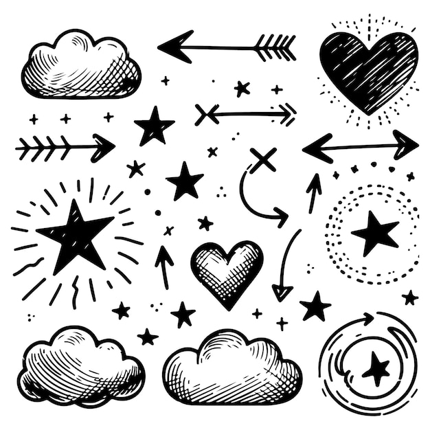Sketch línea elemento flecha estrella forma de corazón dibujo a mano dibujado boceto estilo boceto círculo nube discurso