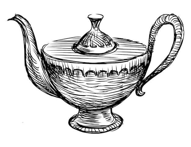 Sketch oriental de porcelana de tetera dibujado a mano por un vector aislado en blanco
