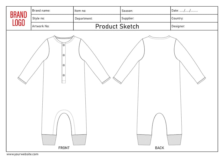 Vector sketch de producto de baby romper plantilla de dibujo técnico para niños
