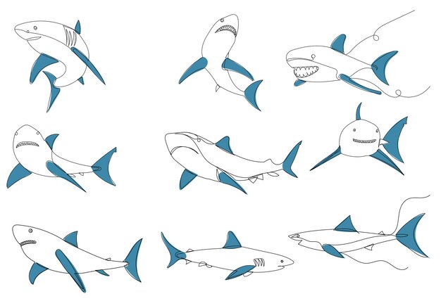 Sketch de set de tiburones en el vector de fondo blanco