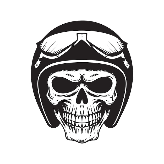 Skull biker con casco vintage logo línea arte concepto blanco y negro color dibujado a mano ilustración