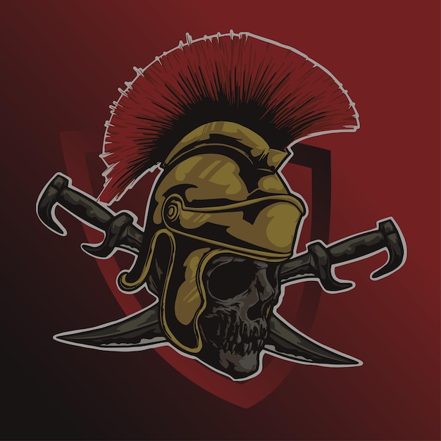 Skull Head Spartan Gladiator Warrior ESport Mascot Logo Vector Ilustración con espada y escudo