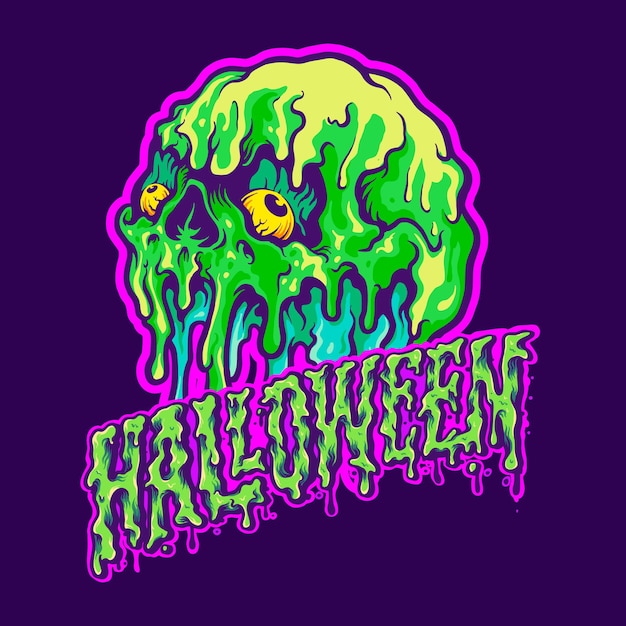 Skull Melting Halloween Text Ilustraciones vectoriales para su trabajo Logotipo, camiseta de mercancía de la mascota, pegatinas y diseños de etiquetas, carteles, tarjetas de felicitación que publicitan empresas comerciales o marcas.