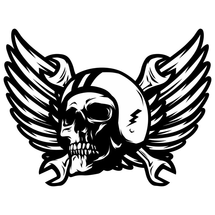 Skull with wings helmet and wrenches