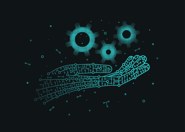 Vector skyfi un microcircuito en forma de cepillo humano y un engranaje en forma de código de programa abstracto sobre un fondo oscuro