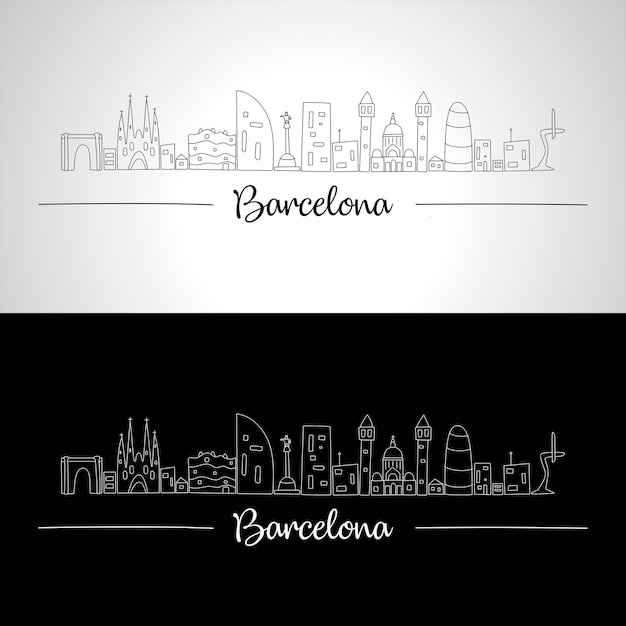 Vector skyline de barcelona con todos los edificios famosos