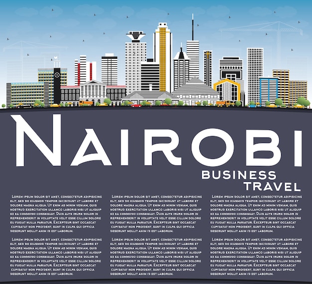 Skyline de la ciudad de Nairobi, Kenia, con edificios de color, cielo azul y espacio de copia. Ilustración de vector. Viajes de negocios y concepto con arquitectura moderna. Paisaje urbano de Nairobi con hitos.