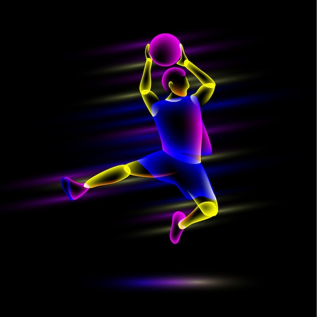 Slam por jugador de baloncesto Abstracto capas de superposición de neón transparente parecen un personaje de jugador de basketball virtual