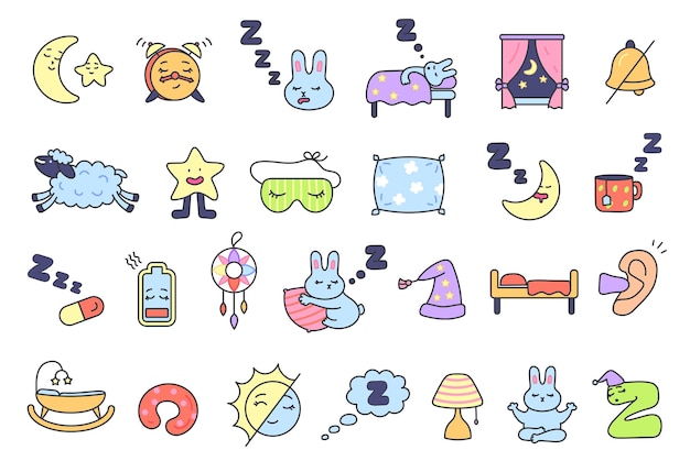 sleep icons sleeping pillow zzz snoring moon cute napping bunny in bed rest mask alarm clock and night window healthy sleep and insomnia colorful cartoon doodle vector illustration set