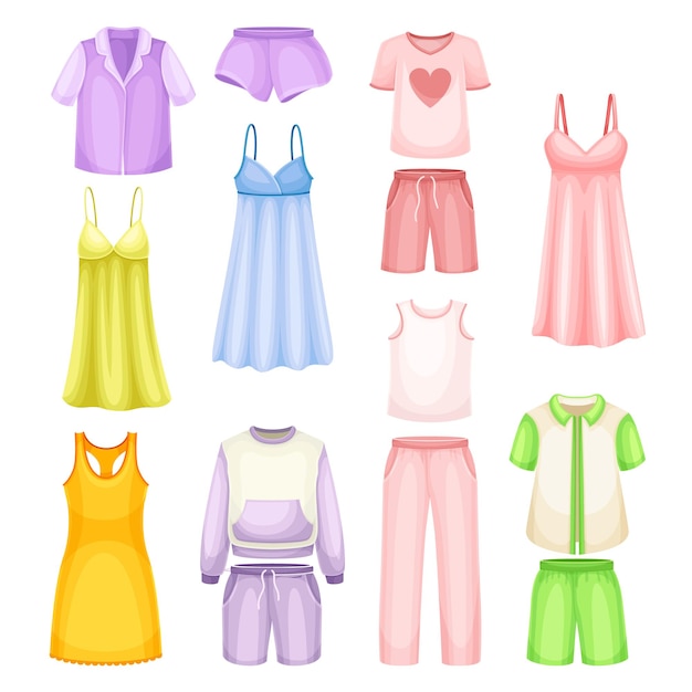 Sleepwear for women Cotton and silk pajamas nightgown bathrobe textile night clothes cartoon vector illustration