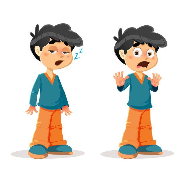 Vector sleepy shocked young boy expresiones