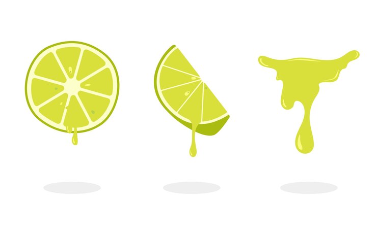 Vector slice de lima con salpicaduras de jugo al estilo de dibujos animados para cítricos frescos y elementos de diseño de bebidas