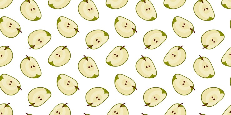 Slice de manzanas patrón sin costuras dibujos animados hermosa ilustración de frutas vectoriales verano brillante naturaleza orgánica comida vegana adecuada para papel tapiz textil