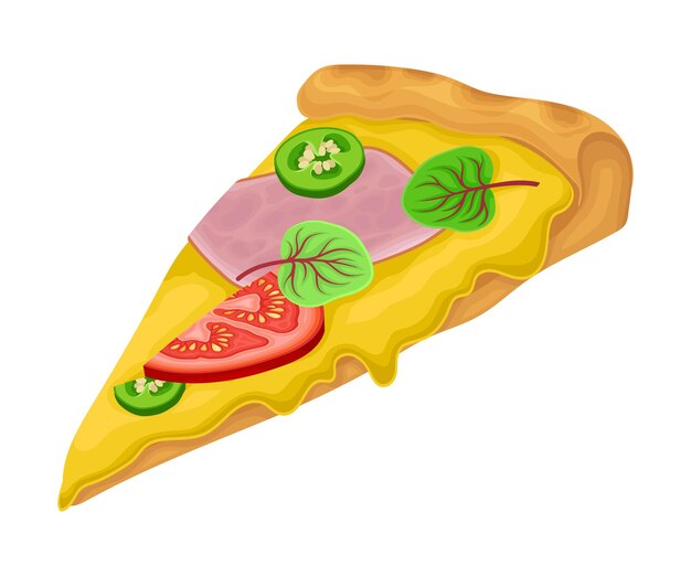 Slice de pizza caliente con queso derretido e ilustración vectorial de jamón en rodajas