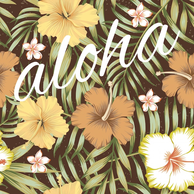 Vector slogan aloha hojas tropicales hibisco marrón