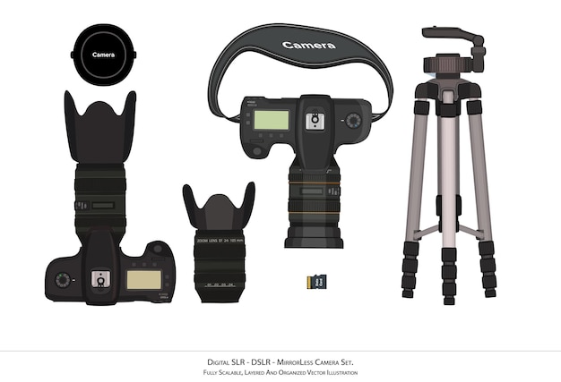 SLR digital DSLR y cámara sin espejo Conjunto de cámaras vectoriales Ilustración de la cámara de vista superior Partes de la cámara