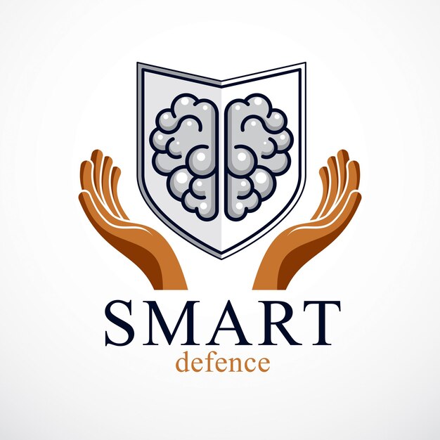 Smart Defense, concepto de software inteligente antivirus o firewall. Cerebro anatómico humano compuesto con escudo de munición de guardia. Logotipo vectorial o plantilla de icono.