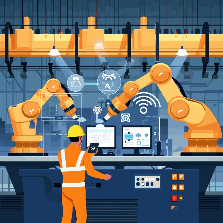 Vector smart_factory_and_working_person_using_wireless