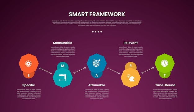 SMART framework infographic template with octagon shape up and down horizontal dark background style with 5 point for slide presentation