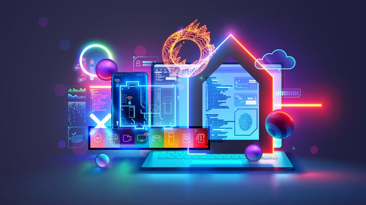 Vector smart home iot phone application setting programming scenarios for operation of smart home system smart home system development engineering coding on laptop of iot devices in network smart home