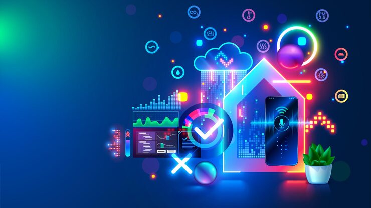Vector smart home system development concept iot phone application setting programming scenarios for operation of smart home system iot devices in network of house cloud computing of internet of things