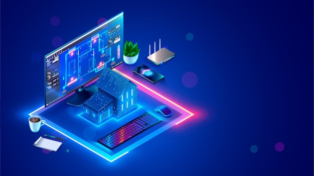 Smart home system programming software Development of smart house system Design project in CAD of Smart building Engineering setting up work scenarios IOT Internet of things 3d illustration