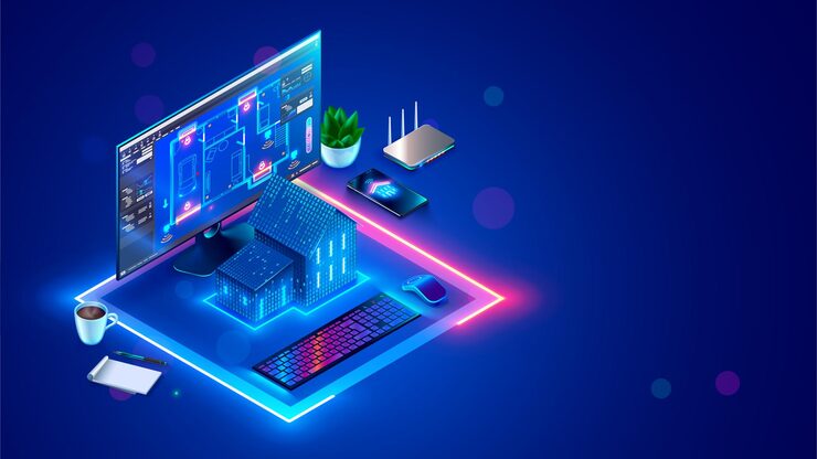 Vector smart home system programming software development of smart house system design project in cad of smart building engineering setting up work scenarios iot internet of things 3d illustration