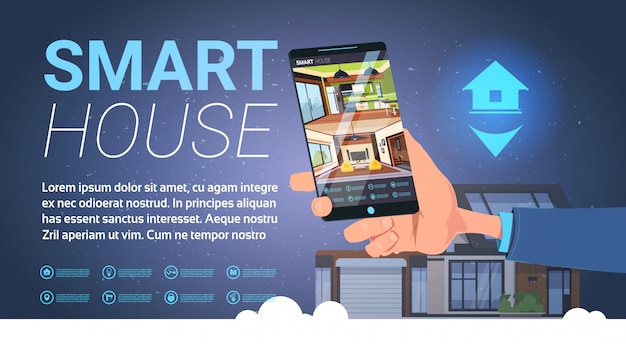 Smart house hand holding smartphone con aplicación de control, tecnología moderna de automatización del hogar