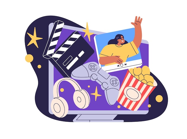 Smart TV streaming servicio multimedia concepto de cine en casa Aplicaciones de televisión para ver películas películas juegos en línea en internet Ilustración vectorial plana aislada sobre fondo blanco