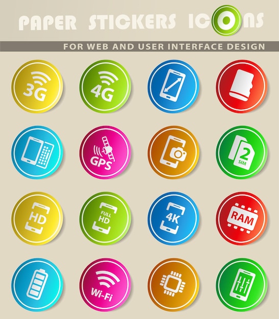 Smarthone especifica iconos vectoriales en pegatinas de papel de colores
