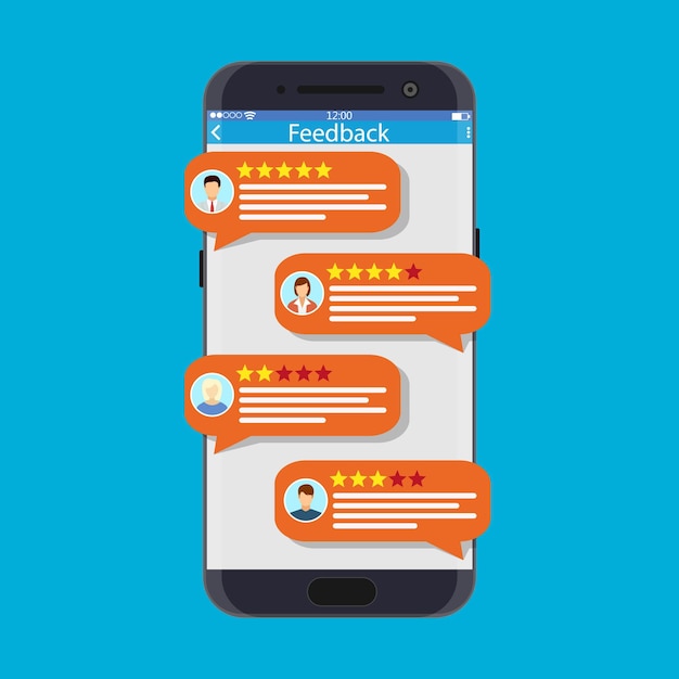 Smartphone con aplicación de clasificación. Avatares y discursos de burbujas. Revisa la calificación de cinco estrellas con buena y mala calificación y texto. Testimonios, calificación, comentarios, revisión. Illustrayion vectorial en estilo plano