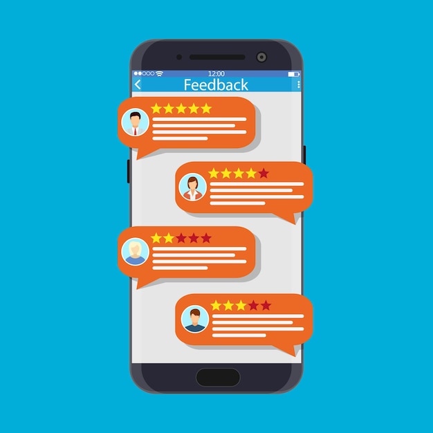 Smartphone con aplicación de clasificación. avatares y discursos de burbujas. revisa la calificación de cinco estrellas con buena y mala calificación y texto. testimonios, calificación, comentarios, revisión. illustrayion vectorial en estilo plano