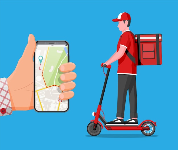 Smartphone con aplicación y hombre montando patinete con la caja. concepto de entrega rápida en la ciudad. mensajero masculino con caja de paquetería en la espalda con bienes y productos. ilustración de vector plano de dibujos animados