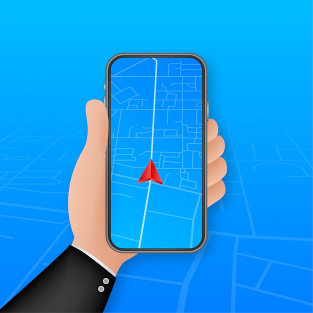 Smartphone con aplicación de navegación móvil en pantalla. Mapa de ruta con símbolos que muestran la ubicación del hombre. ilustración.