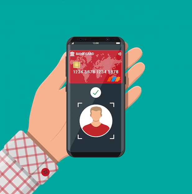 Smartphone con aplicación de pago mediante reconocimiento facial e identificación en mano. identificación del rostro de identificación biométrica. pagos inalámbricos sin contacto o sin efectivo, rfid nfc. estilo plano illustartion