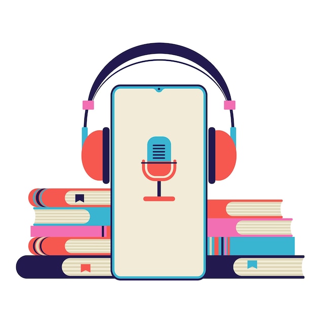 Vector smartphone con auriculares y libros.