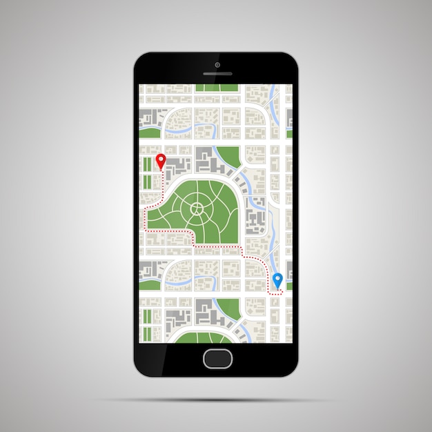Vector smartphone brillante realista con mapa detallado de la ciudad y ruta gps