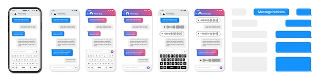 Smartphone con burbujas de discurso de chat de mensaje. plantilla de aplicación móvil