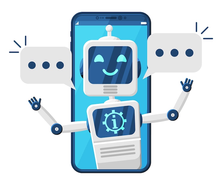 Vector smartphone con chat bot habla en burbuja en la pantalla robot con ventana de habla chatbot saluda bot de apoyo en línea inteligencia artificial ai ayudante de servicio asistente de apoyo ilustración de vector plano