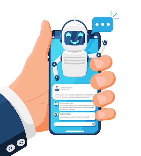 Smartphone con chat bot Habla en burbuja en la pantalla Robot con ventana de habla Chatbot saluda Bot de apoyo en línea Inteligencia artificial AI Ayudante de servicio Asistente de apoyo Ilustración de vector plano