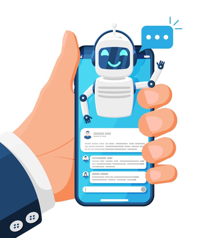 Vector smartphone con chat bot habla en burbuja en la pantalla robot con ventana de habla chatbot saluda bot de apoyo en línea inteligencia artificial ai ayudante de servicio asistente de apoyo ilustración de vector plano