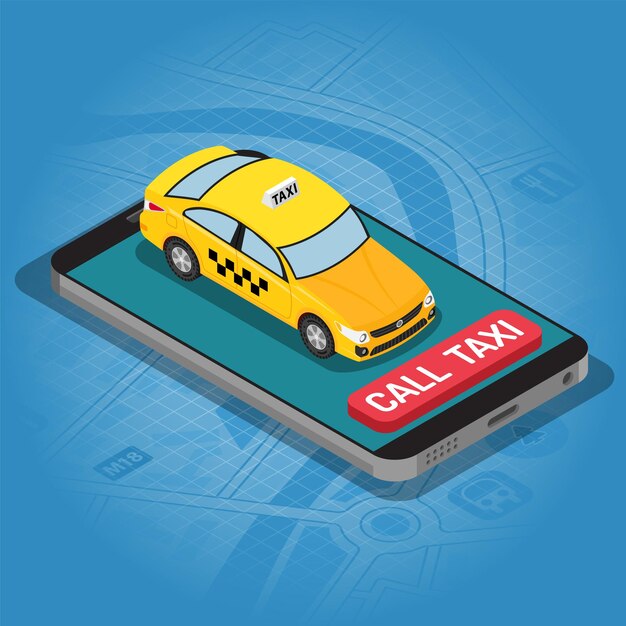 Smartphone con coche taxi y botón de llamada de taxi online