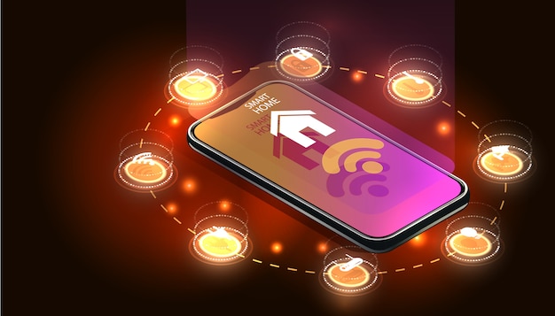 Vector smartphone controlado por casa inteligente. tecnología de internet de las cosas del sistema domótico. pequeña casa de pie en la pantalla del teléfono móvil y conexiones inalámbricas con iconos de dispositivos electrónicos domésticos. iot