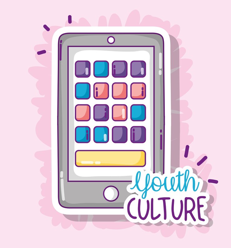 Vector el smartphone de la cultura de la juventud con las historietas de las aplicaciones vector el diseño gráfico del ejemplo