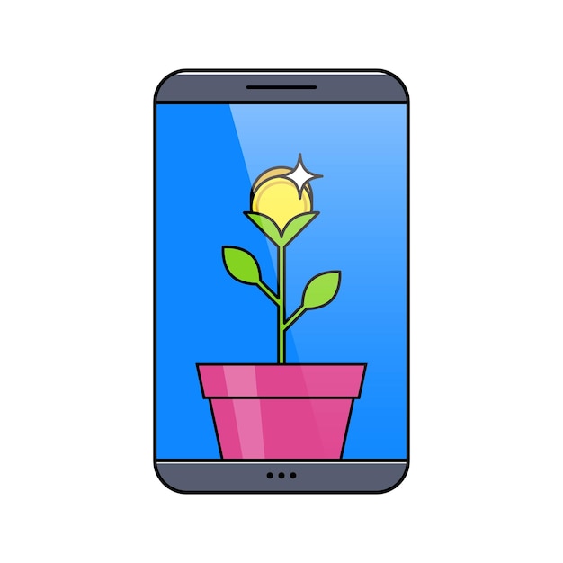 Smartphone con dinero planta en la olla