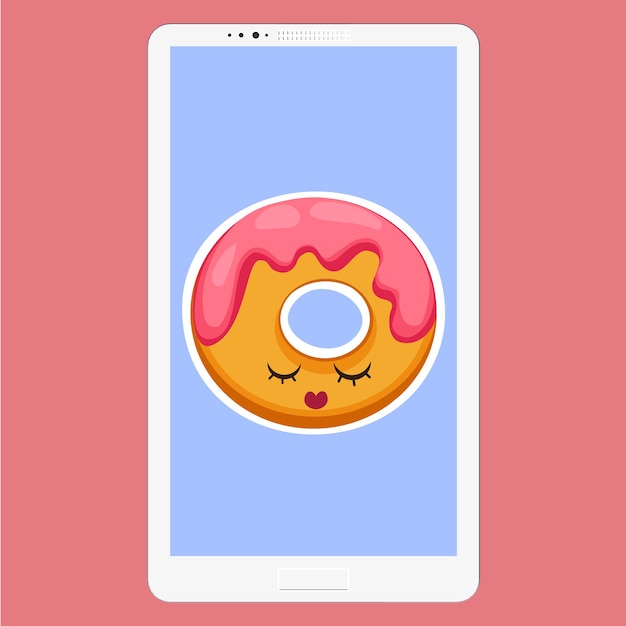 Smartphone con donut en cara divertida de estilo de dibujos animados plana en la pantalla