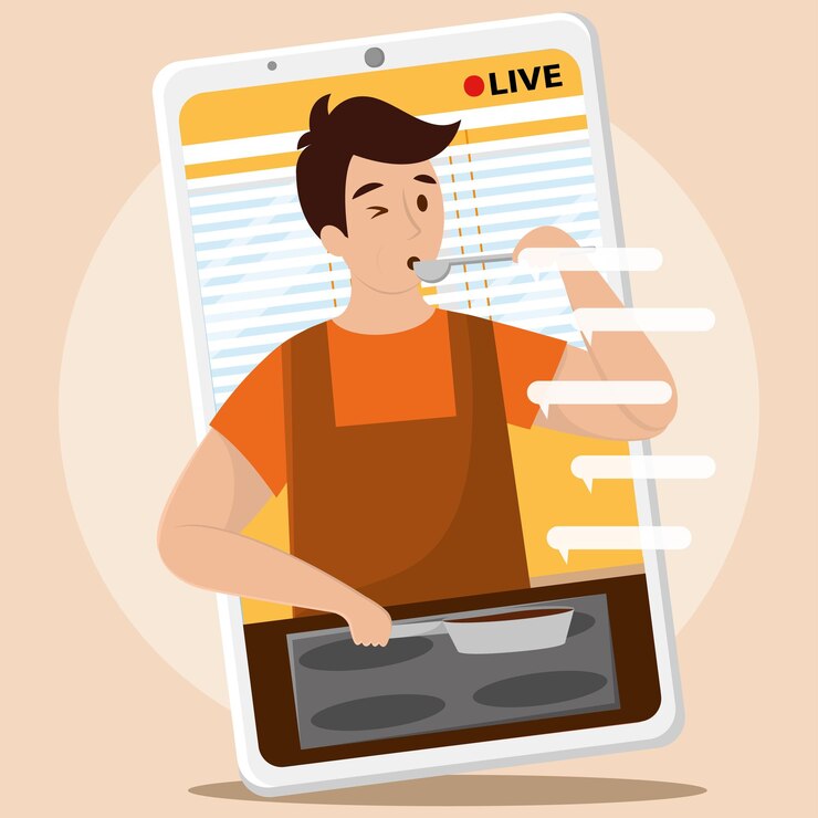 Vector smartphone con flujo de un chico cocinando servicios de streaming ilustración vectorial