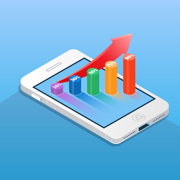 Smartphone con gráfico de barras financieras. ilustración de vector de concepto de negocios y finanzas en estilo isométrico