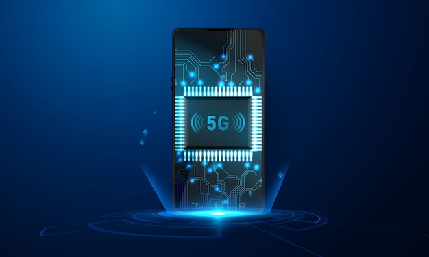 Smartphone con gráficos de negocios y datos analíticos 5g tecnología abstracta concepto de comunicación de fondo